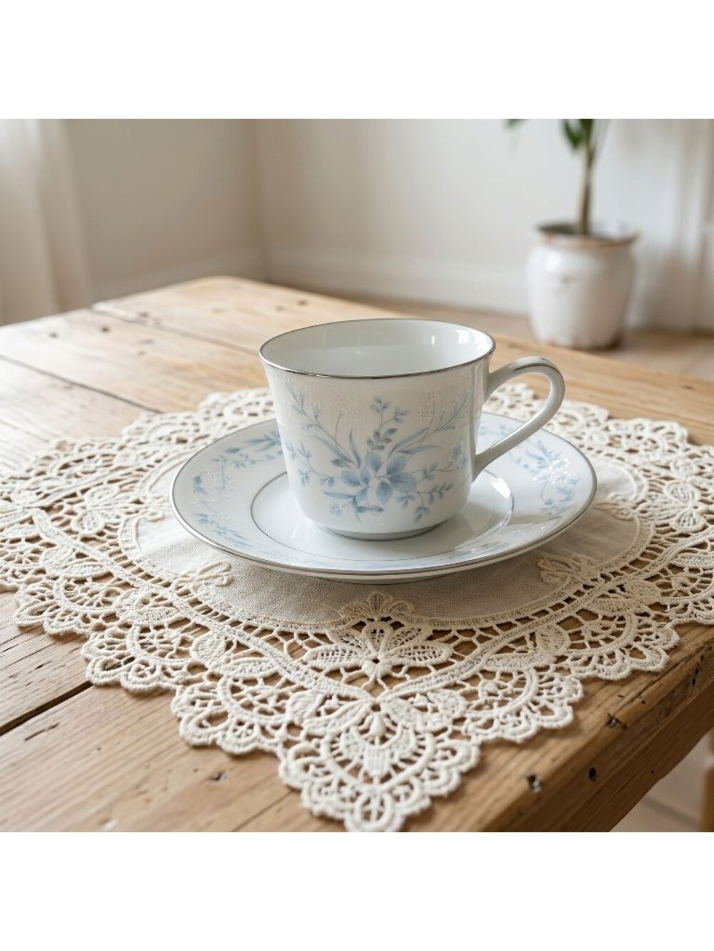 Vintage Noritake Carolyn 2693 Teacup Saucer Blue Floral Platinum Trim